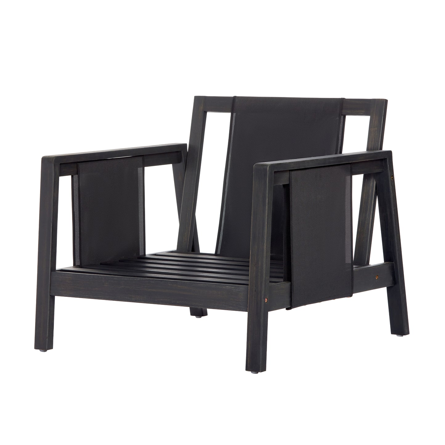 Outdoor Club Chair, Acacia Wood Frame with Black Textilene Accents, Water-Repellent White Cushions for Patio/Backyard/Deck