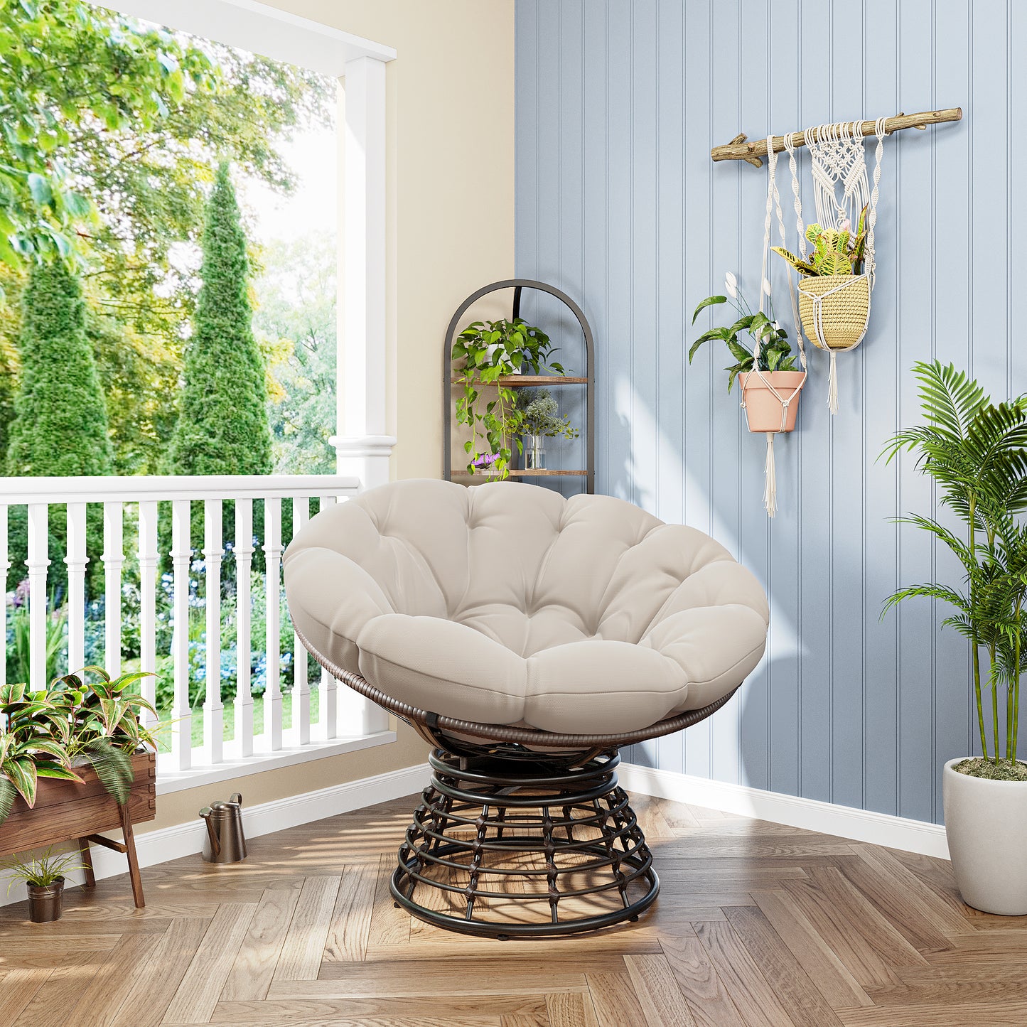 Comfortable Ergonomic Wicker Papasan Chair, 360° Swivel Indoor Outdoor Rattan Chair with Soft Thick Cushion, Ideal for Living Room, Bedroom, Reading Room, Brown Frame with Beige Cushion