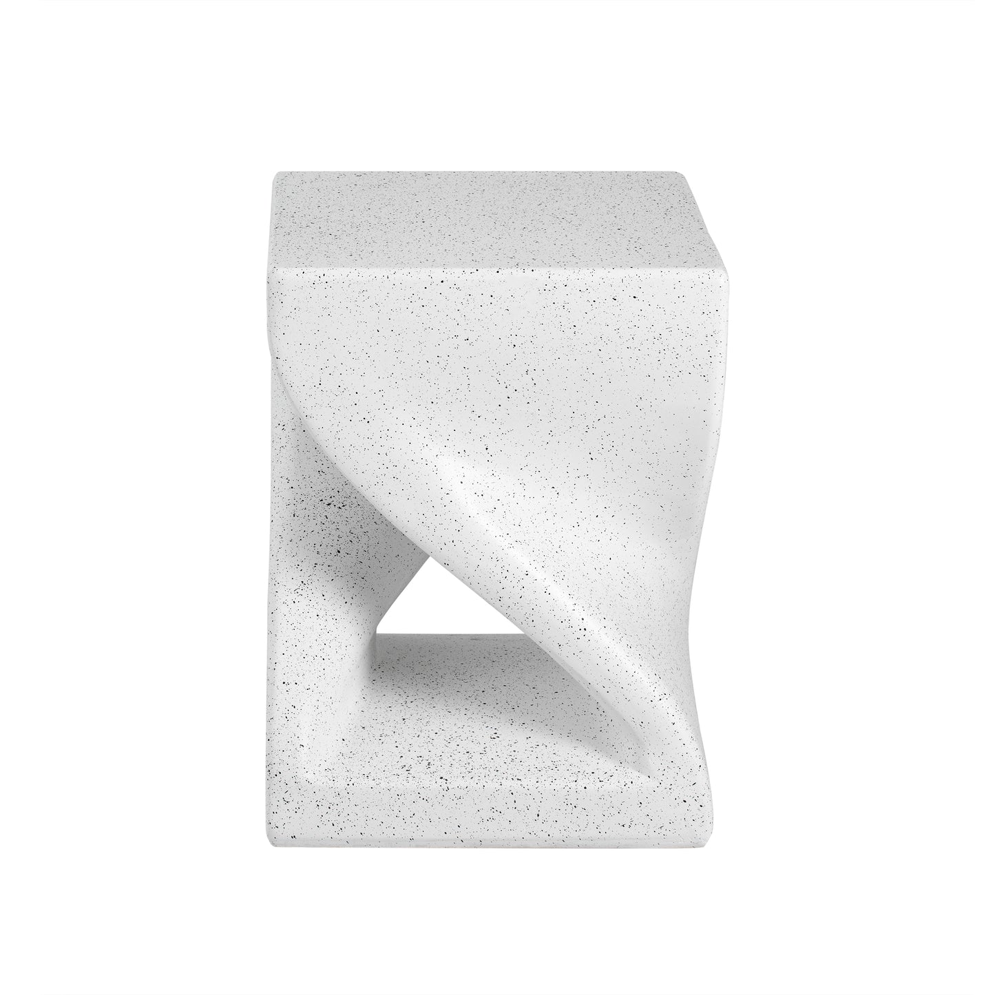 Outdoor White Marble Modern Twisted-Base Terrazzo-Speckled All-Weather MGO Side Table – Indoor End Table for Home, Office & Patio Decor