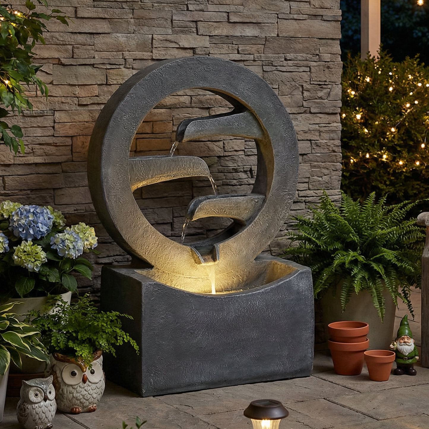 26.77"H Gray Circular Polyresin Outdoor Water Fountain with LED Light, Freestanding Modern Cascading Water Feature for Patio Garden Backyard Decor