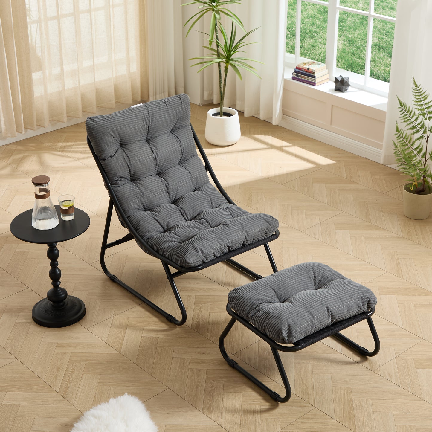 Patio Outdoor Lounge Chair with Ottoman, Comfy Sling Recliner Chair with Puffy Cushion and Foot Stool,   Ideal for Living Room, Bedroom, Reading Room, Black frame with grey cushion