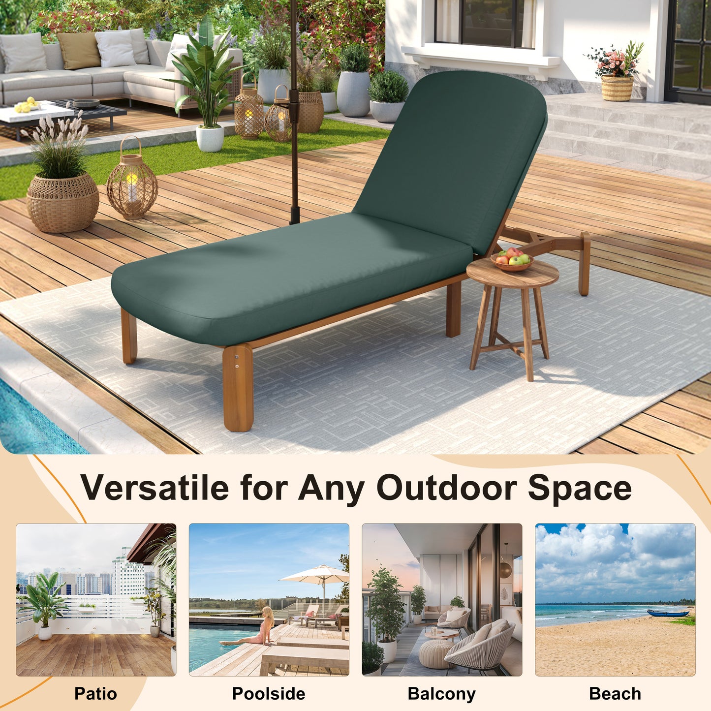 Outdoor Chaise Lounge Adjustable Patio Chaise Outdoor Reclining Chair Pool Lounge Chair with Adjustable Backrest for Patio, Poolside or Beach, Green