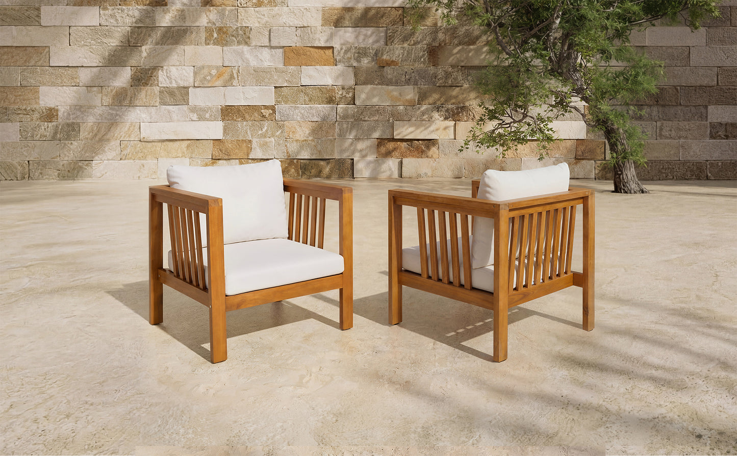 Set of 2 Outdoor Acacia Wood Club Chairs with Modern Square Arms, 2-Piece Patio Conversation Set with Thick Cushions, Adjustable Leveling Feet for Poolside, Backyard & Deck, Beige Cushions