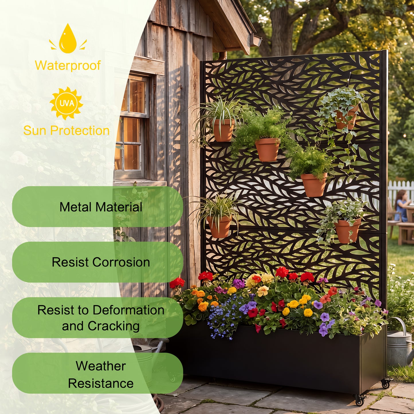 Metal Raised Garden Bed with Wheels and Trellis,73"x47"x16" Planter Box for Climbing Plants, Vegetables & Vines, Features Privacy Screen and Drainage Holes
