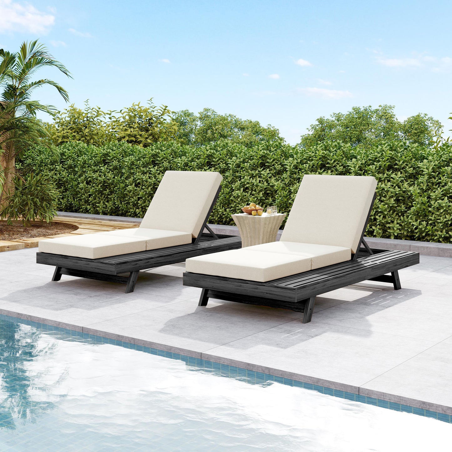Lounge Chaise Set, Space Available On One Side, Acacia Solid Wood In Black With Lounge Cushion (Cream & Triple Fold) – Matching Dark Grey Version Available