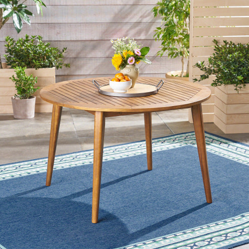 47.25" Round Acacia Wood Dining Table with Teak Finish, Modern Slatted Patio Table for Indoor & Outdoor Use