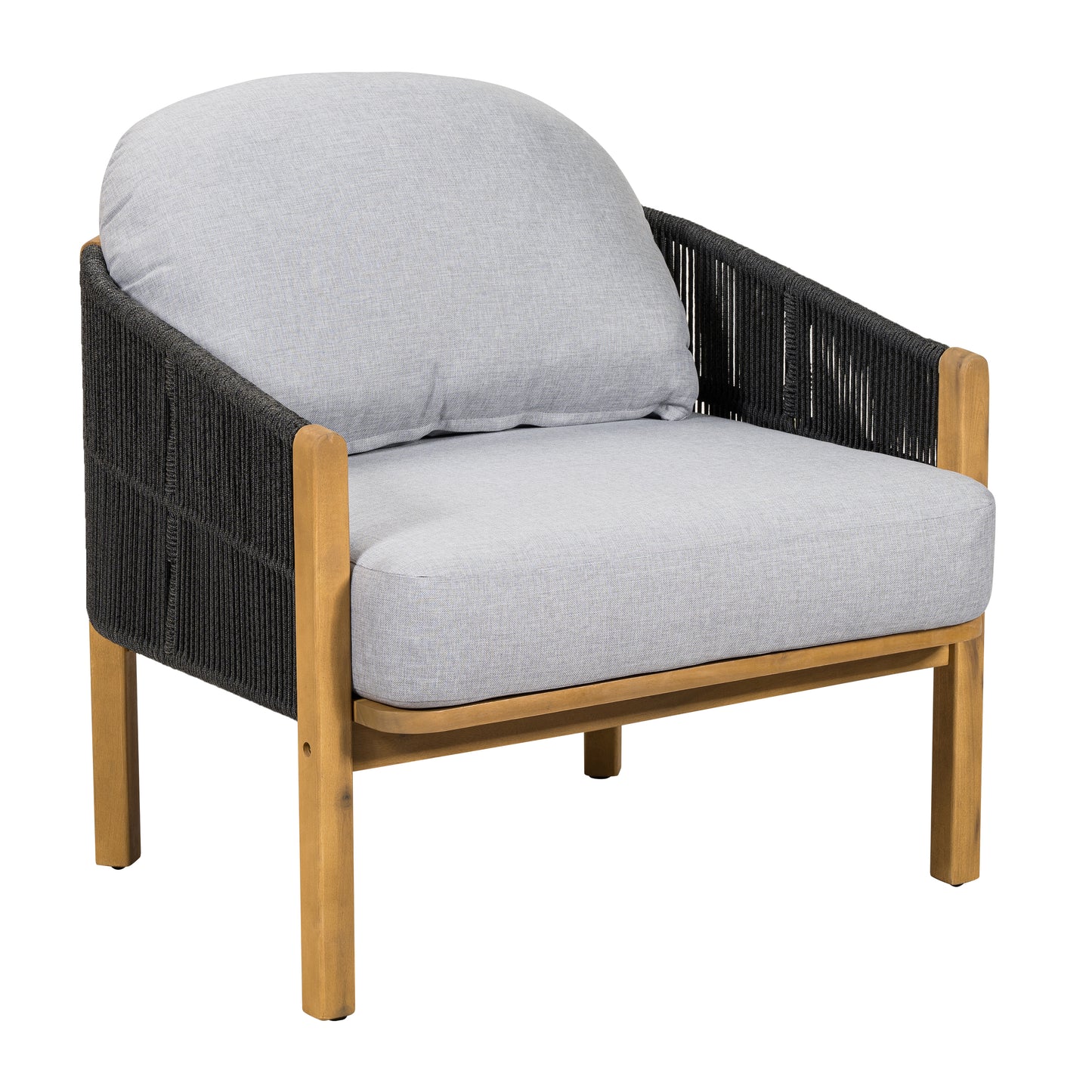 Grotta Outdoor Wood Club Chair, Dark Gray Rope with Gray Cushion