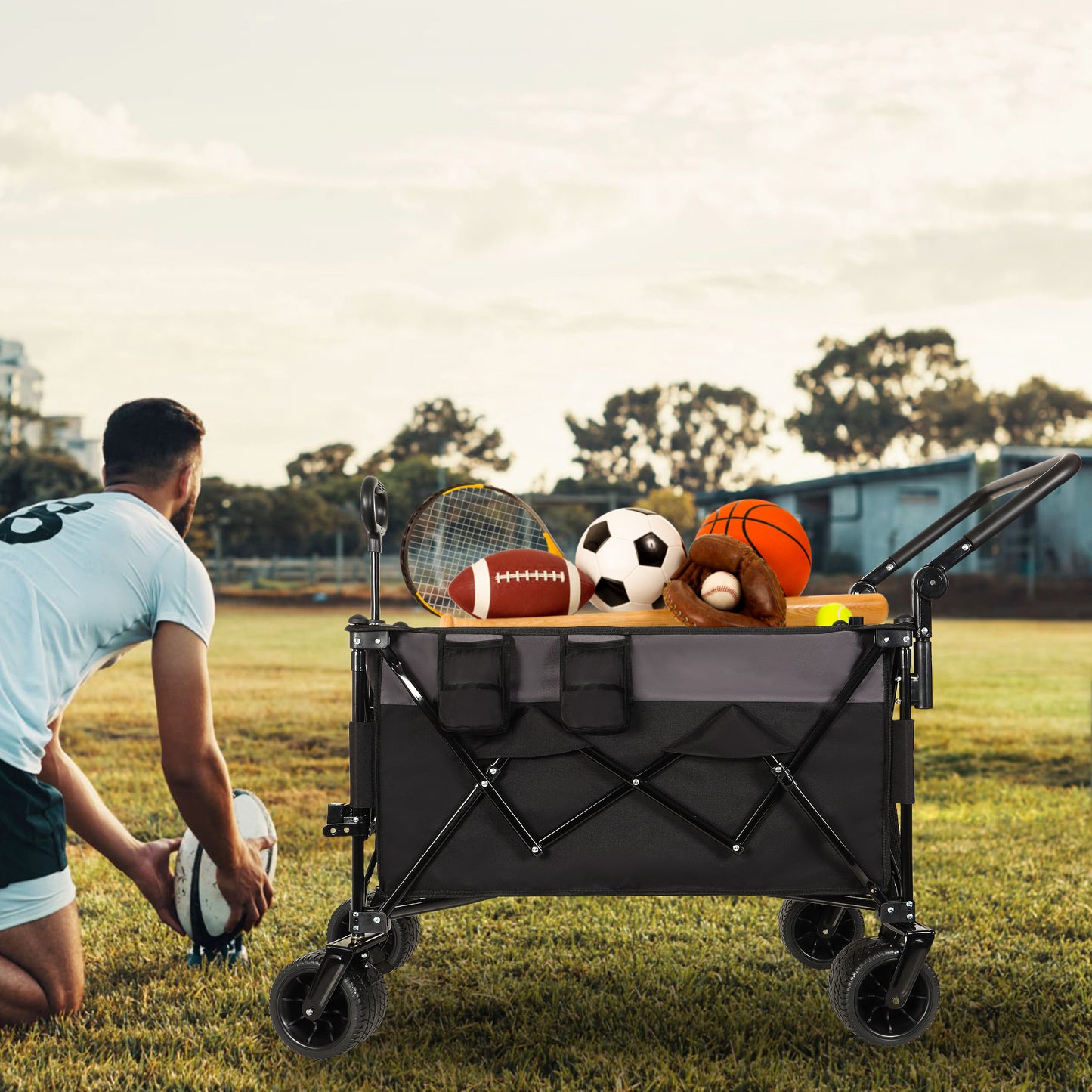 Multi-Functional Push-Pull Folding Wagon Cart with Rotating Handle & 360° All-Terrain Wheels – Heavy-Duty, Adjustable Design, Large Capacity for Transport, Groceries, and Outdoor Use, Black- Gray