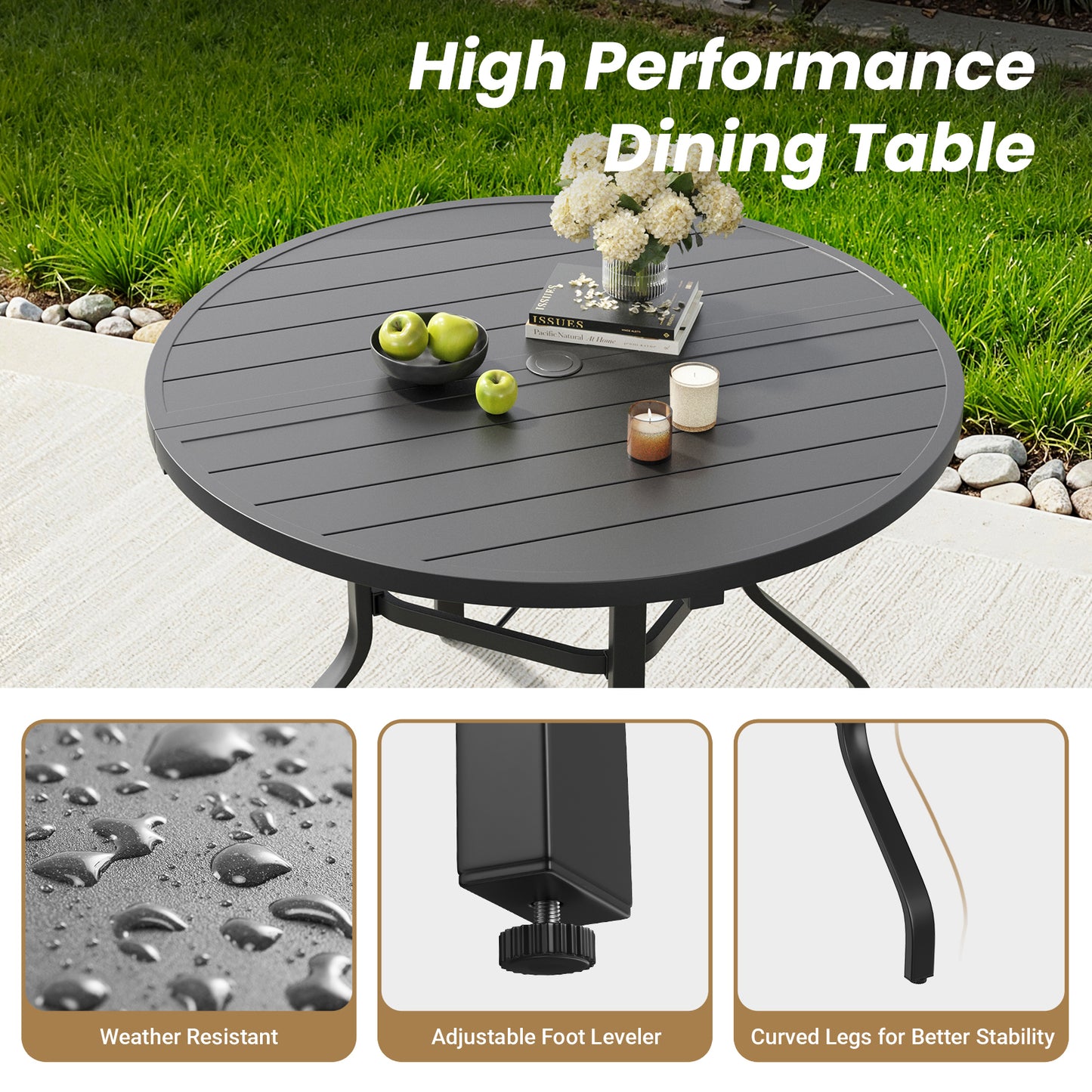Round Outdoor Dining Table, 41" Round Patio Table Wood-Like Grain with 1.57" Umbrella Hole, Metal Outdoor Dining Tables for Backyard and Poolside