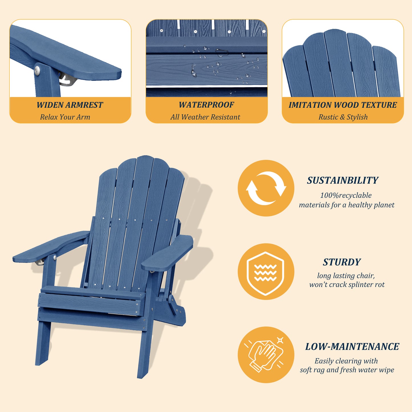 Adjustable Adirondack Chair with Cup Holder, All Weather Chair for Deck(Blue)
