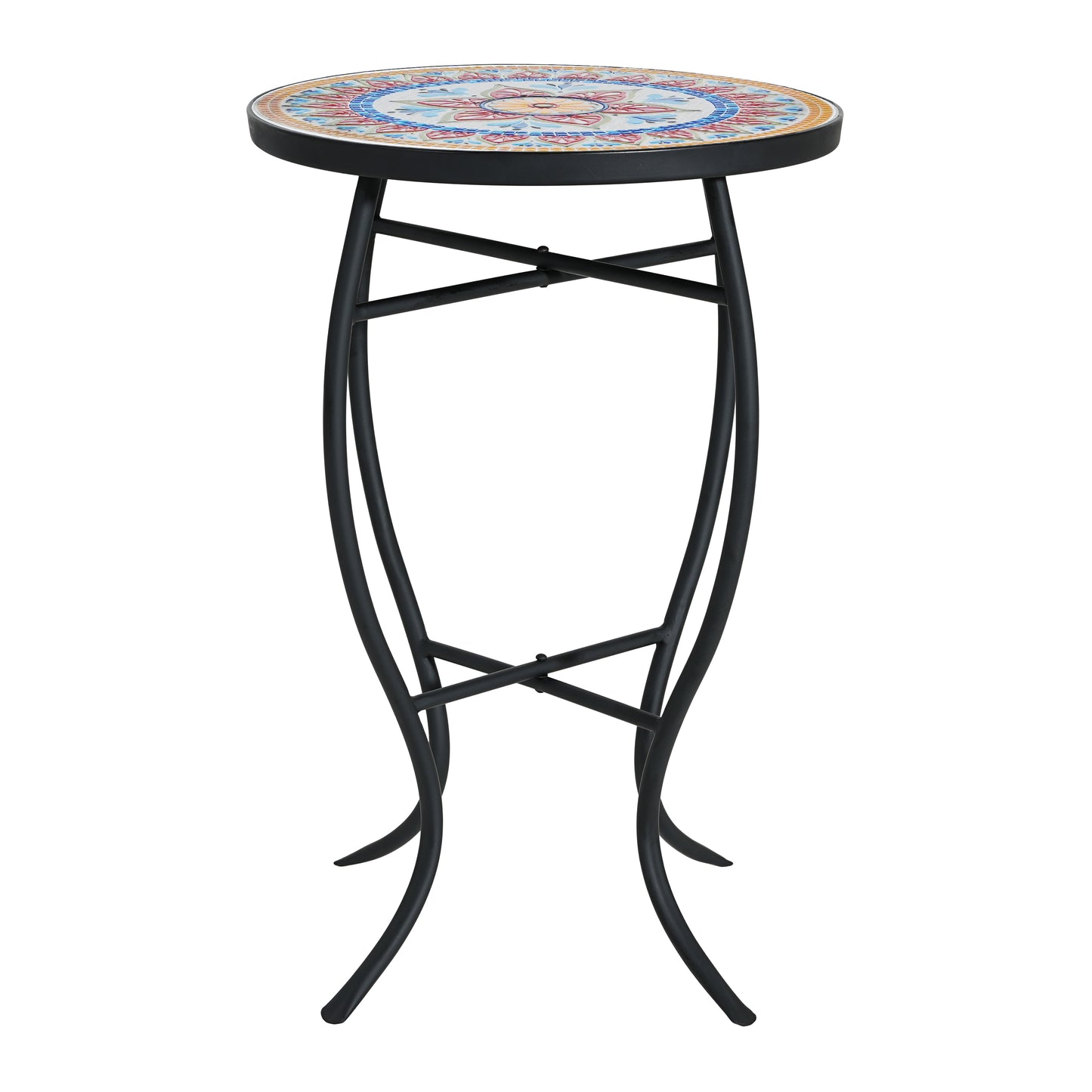 Outdoor Round Side Table with Mosaic-Style Top and Curved Iron Legs, Red and Matte Black