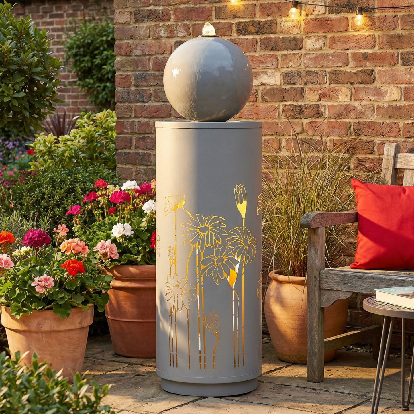 34.25"H Light Gray Metal Cutout Outdoor Water Fountain with LED Lights, Modern Freestanding Sphere-Top Water Feature for Patio Garden Backyard Decor