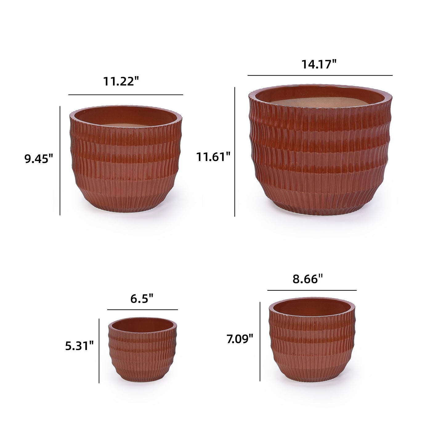 Handmade Solid Glaze Ceramic Planter Set of 4, 7/9/12/14 Inch Diameter, Terra Cotta with Horizontal Grooves, for Herbs & Succulents Outdoor & Indoor Stairs Use, Breathable Clay with Drainage Holes