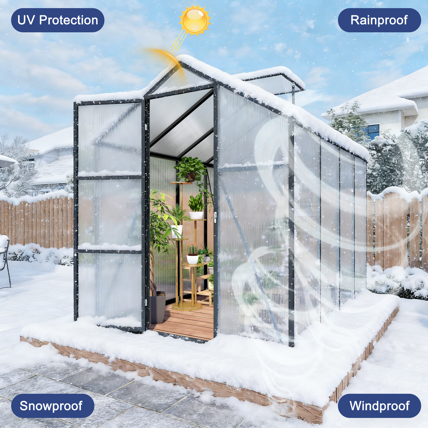 6x8FT Walk-in Outdoor Greenhouse - Polycarbonate Garden Greenhouse with Sturdy Aluminum Frame, Adjustable Vents, Lockable Door & UV Protection for Backyard