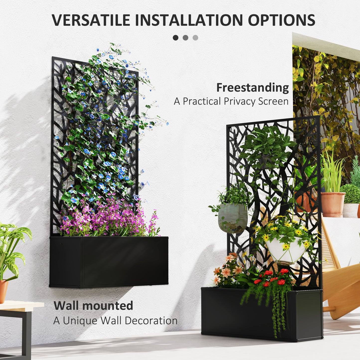 Outsunny Metal Raised Garden Bed with Trellis, Freestanding or Wall Mounted Raised Flower Bed with Privacy Panel for Garden, Patio, Balcony