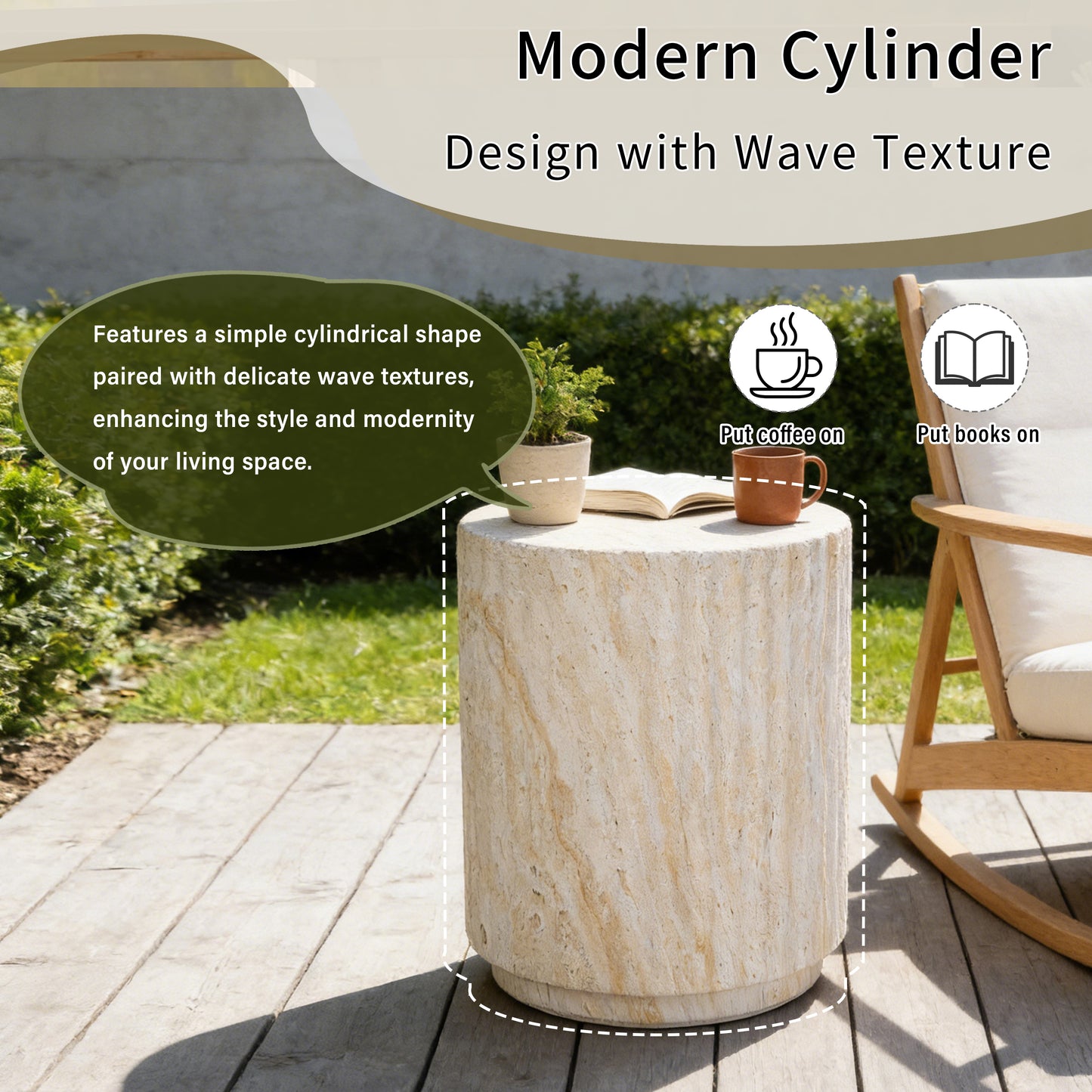 U_Style COSIEST Outdoor Side Table, Cylinder Shaped MgO Patio End Table, Lightweight Accent Table with Wave Design, Round Plant Stand Tool for Garden And Balcony