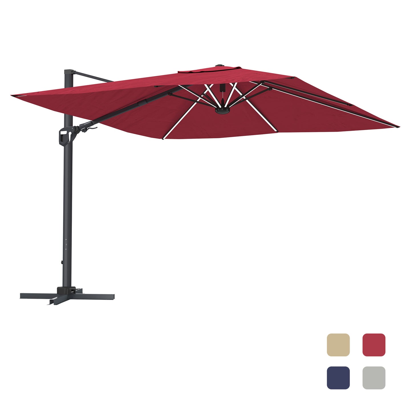 11FT Square Cantilever Patio Umbrella with LED Light in Red (without Umbrella Base)