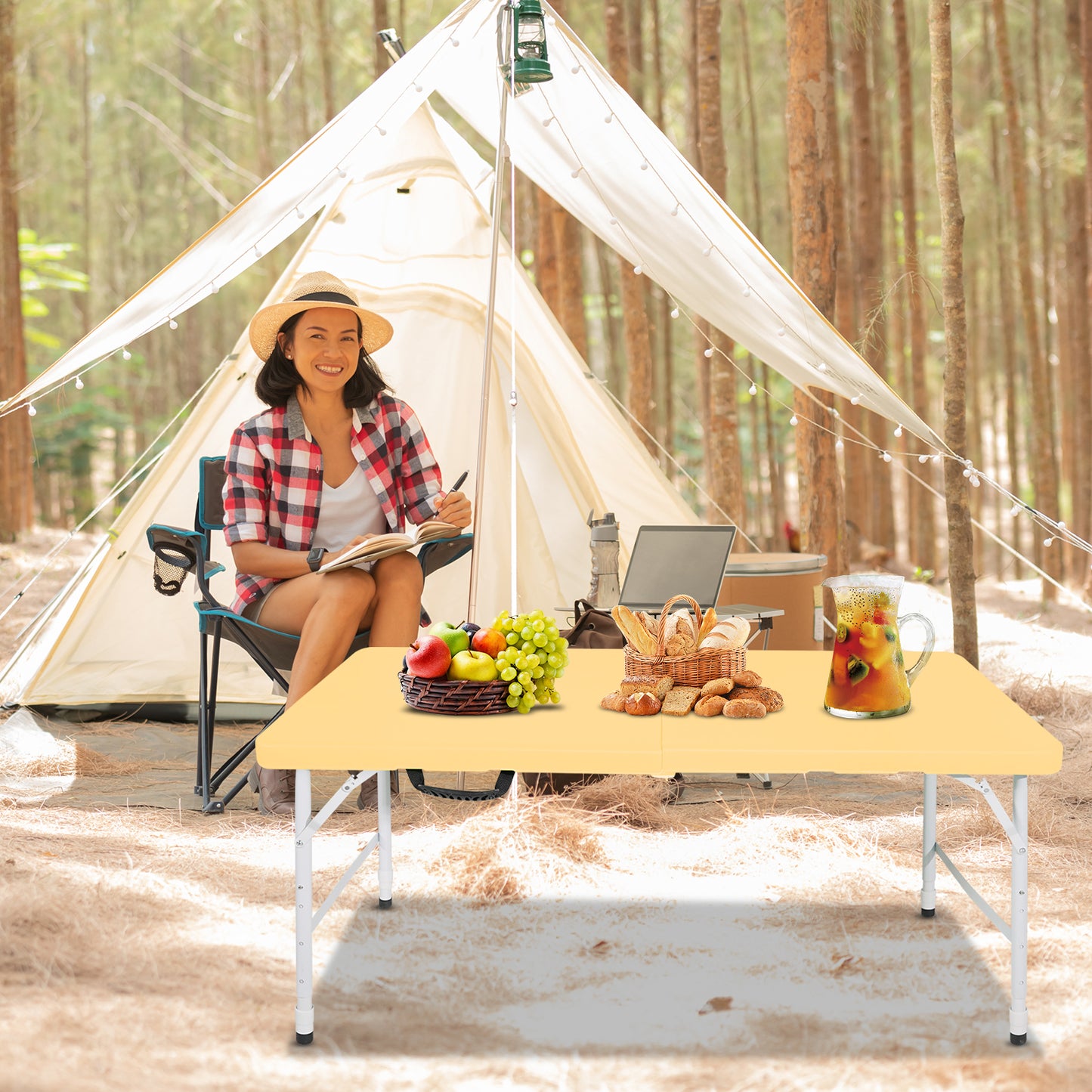 4ft Light Yellow Portable Folding Table Indoor&Outdoor Maximum Weight 135KG Foldable Table for Camping