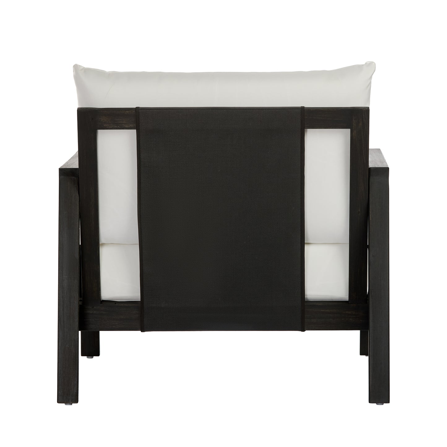 Outdoor Club Chair, Acacia Wood Frame with Black Textilene Accents, Water-Repellent White Cushions for Patio/Backyard/Deck