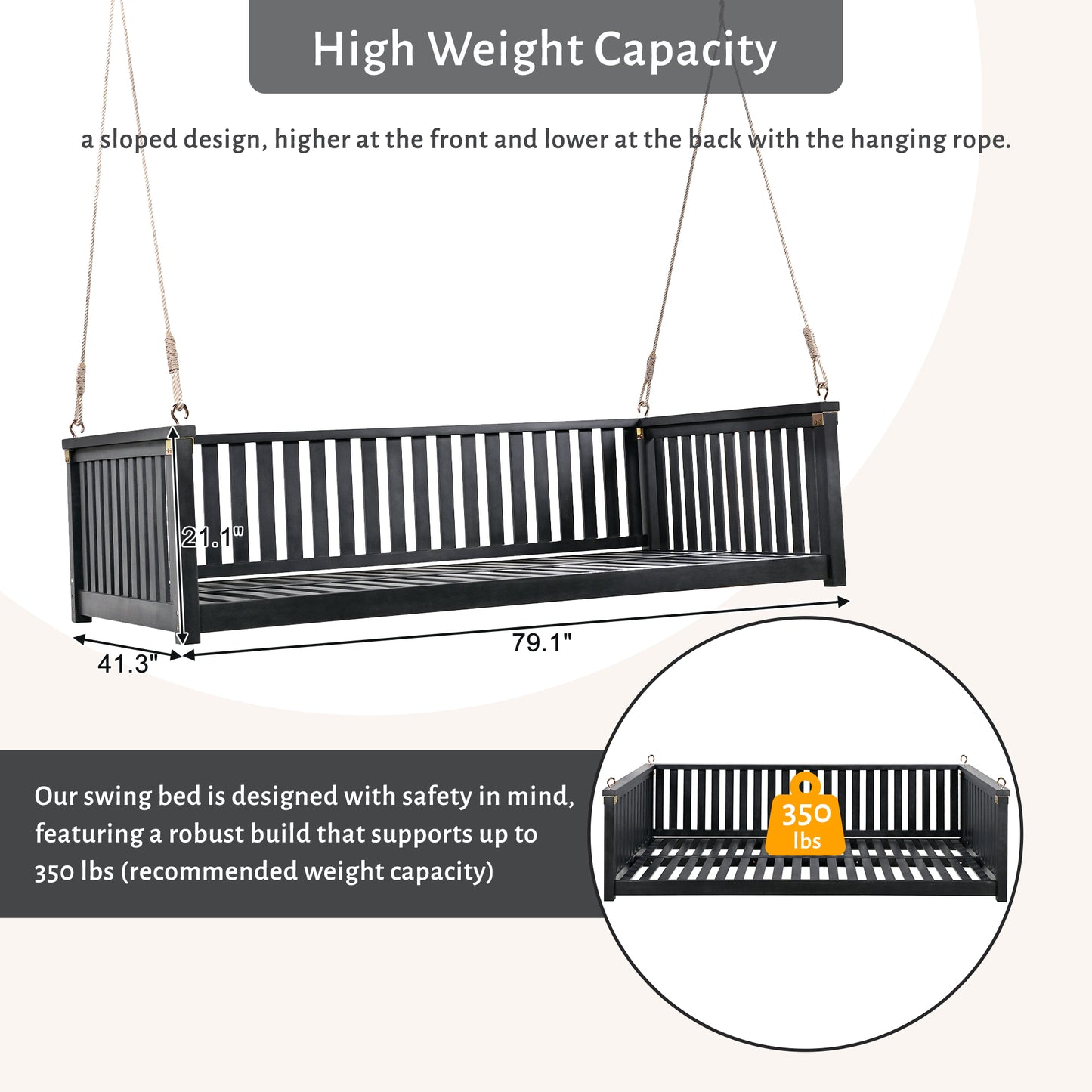 TOPMAX Patio Minimalist Twin Size Garden Swing Bed Wood Porch Swing with Ropes for Backyard, Safe Sloped Design, Black