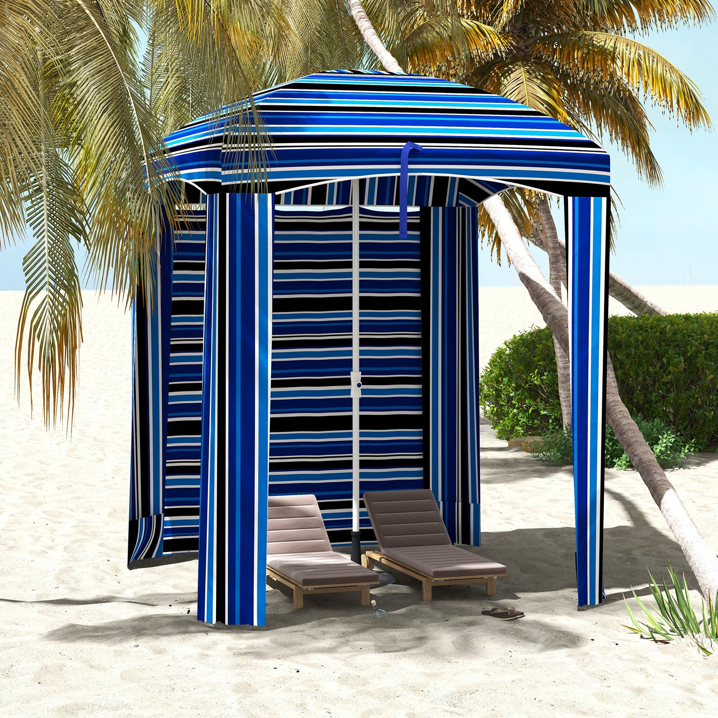 Outsunny 5.9' x 5.9' Portable Beach Umbrella, Ruffled Outdoor Cabana with Walls, Vents, Sandbags, Carry Bag, Blue Stripe