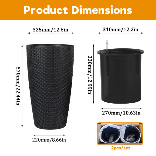 22 in. Black Outdoor Plastic with Water Level Monitor Inner Bucket Automatic Watering Round Planter (2-Pack)