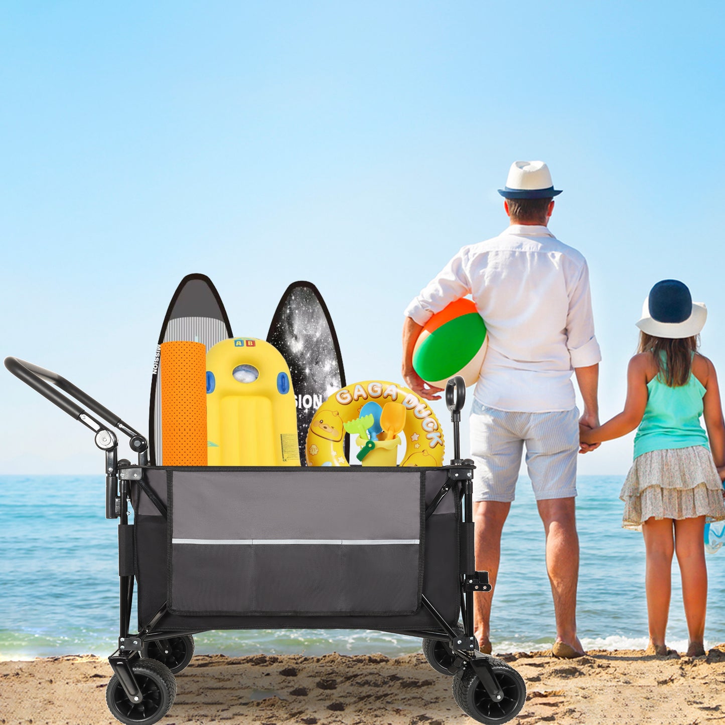 Multi-Functional Push-Pull Folding Wagon Cart with Rotating Handle & 360° All-Terrain Wheels – Heavy-Duty, Adjustable Design, Large Capacity for Transport, Groceries, and Outdoor Use, Black- Gray