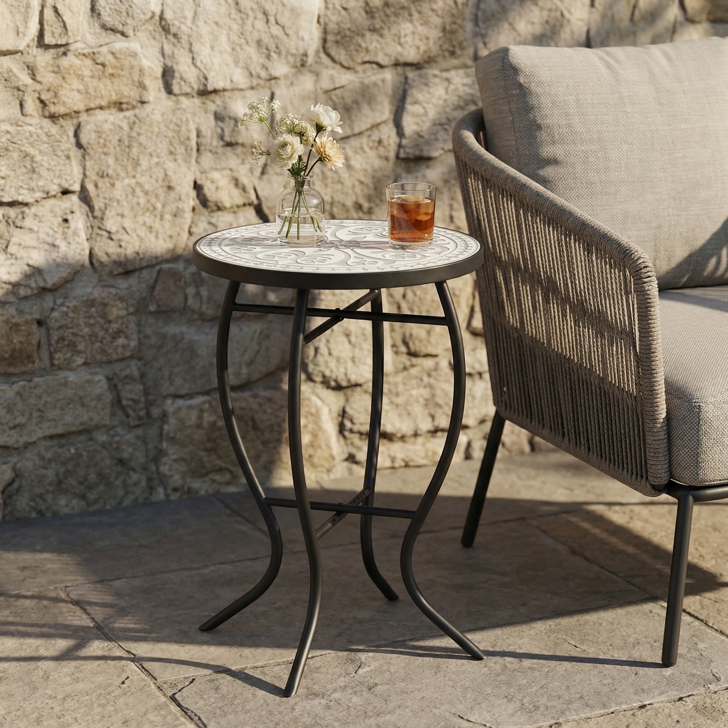 Outdoor Round Side Table with Mosaic-Style Top and Curved Iron Legs, Grey and Matte Black