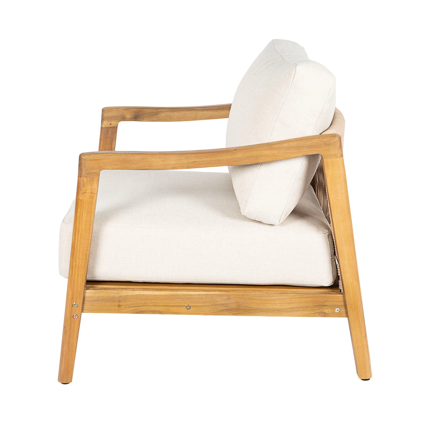Outdoor Club Chair , Acacia Wood Frame with Rope Back Detail, Water-Repellent Beige Cushions for Patio/Backyard/Deck