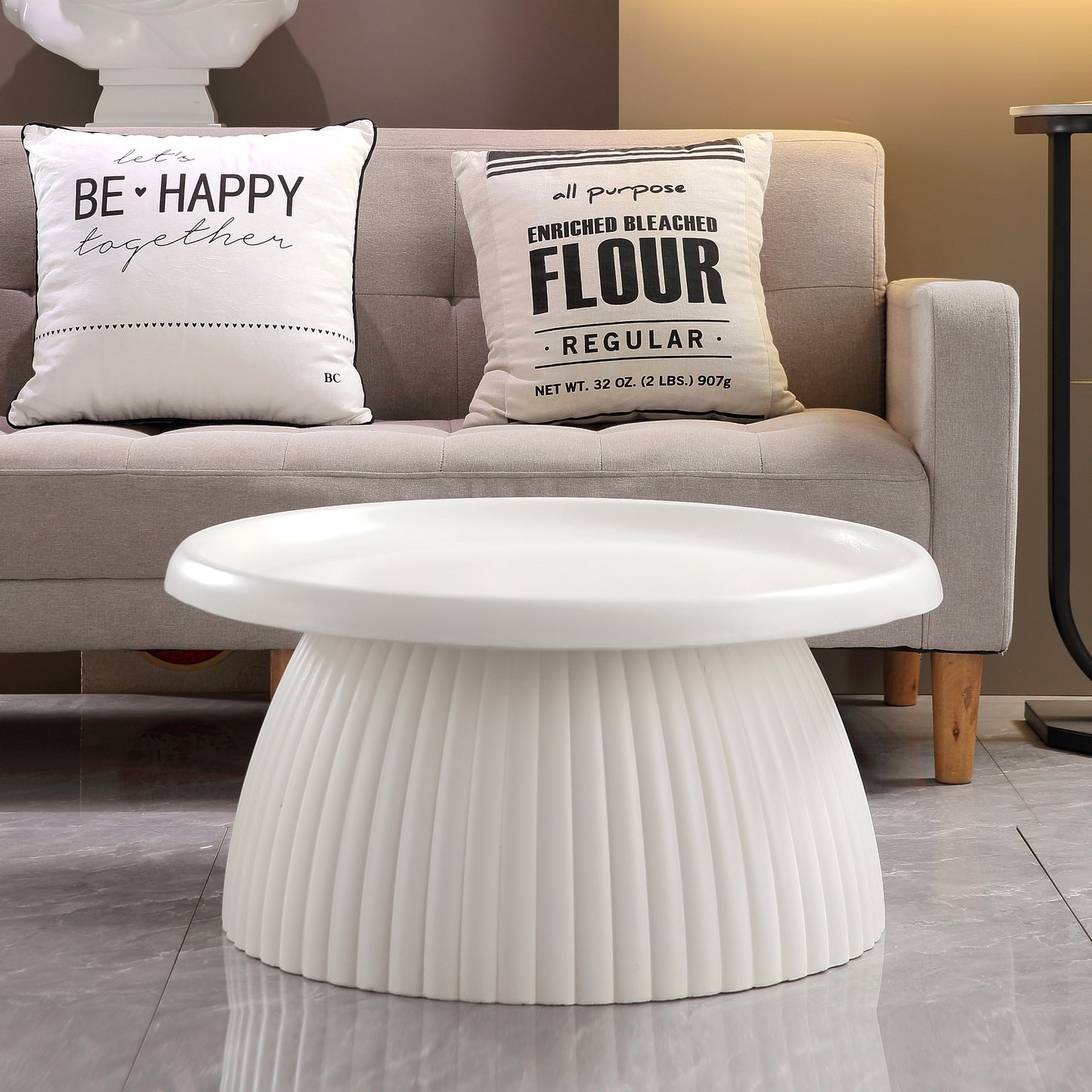 White Magnesium Oxide Fluted Pedestal Coffee Table   27.56" Diameter Round Center Table