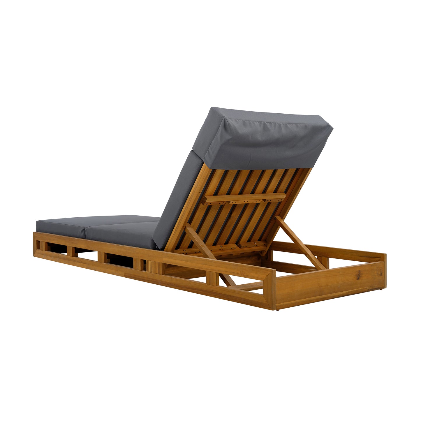 LOUNGE CHAISE SET WITH HEADREST, ACACIA WOOD WITH WATER-RESISTANT LOUNGE CUSHIONS (DARK GREY & 3-FOLD & 4 inch) - MATCHING CREAM/BEIGE VERSION AVAILABLE