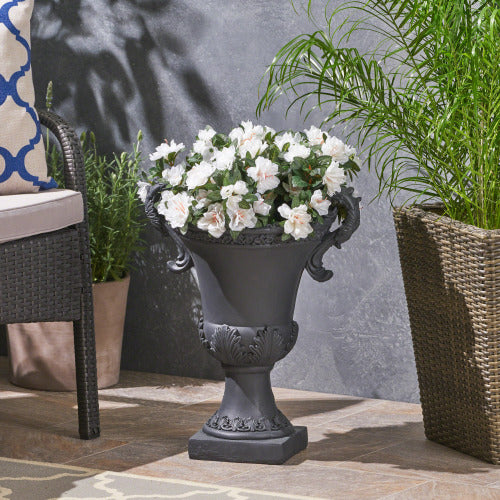 15 in. W x 19 in. H Large Concrete Urn Planter With Drainage Hole, Black