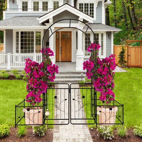 Metal Garden Arbor with Gate 86.6 in. H Black Garden Arch Trellis for Climbing Plants Outdoor, Wedding Arches Decoration