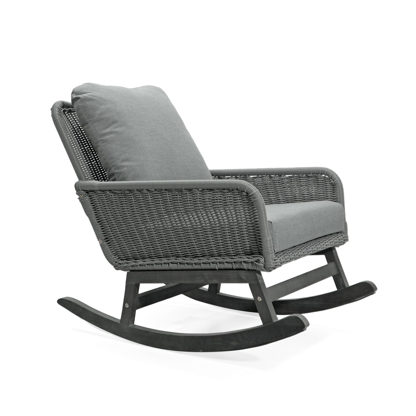 Contemporary Minimalist Gray Wicker Rocking Chair with Soft Polyester Cushions and Durable Wooden Frame, Perfect for Indoor and Outdoor Spaces like Patio, Balcony, or Living Room
