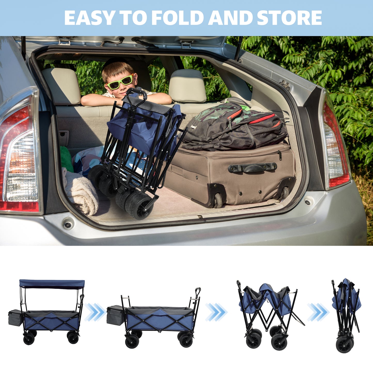 480Lbs Collapsible Wagon with Canopy,Wagon Stroller with 7" All-Terrain Wheels, Lightweight Foldable Wagon, Large Capacity for Camping, Shopping, Sports, and Garden Use, Dark blue with mosquito net