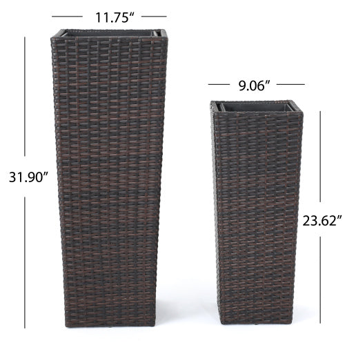 2-Piece Rattan Flower Pot Set-Brown Polyethylene Wicker with Metal Frame, Indoor/Outdoor Planters
