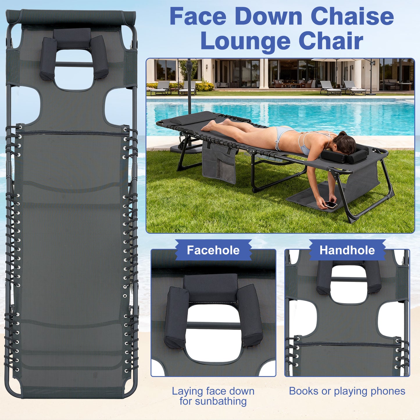 Face Down Chaise Lounge Chair 5-Position Adjustable Sunbathing, Foldable Tanning Chair with Face& Arm Holes, Outdoor Recliner Chair for Pool, Beach, Patio, Lawn (Black, 2 Pcs)