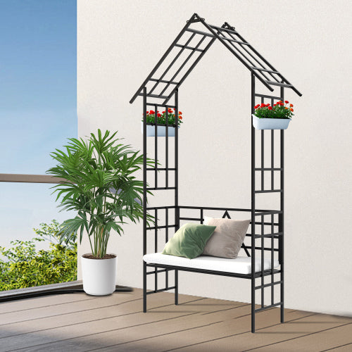 97" Tall Metal Garden Arch with Bench - Convertible Flower Stand for Climbing Plants, Powder-Coated Black Outdoor Arbor for Roses/Ivy (58" Wide)