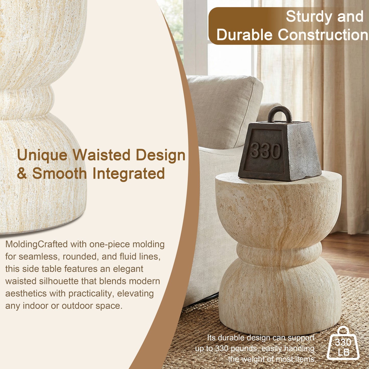U_Style Outdoor Concrete Side Table,Rounded Waist Outdoor End Tables, Decorative Garden Stools for Indoor Outdoor With Imitation Natural Stone Texture Patio Accent Side Table