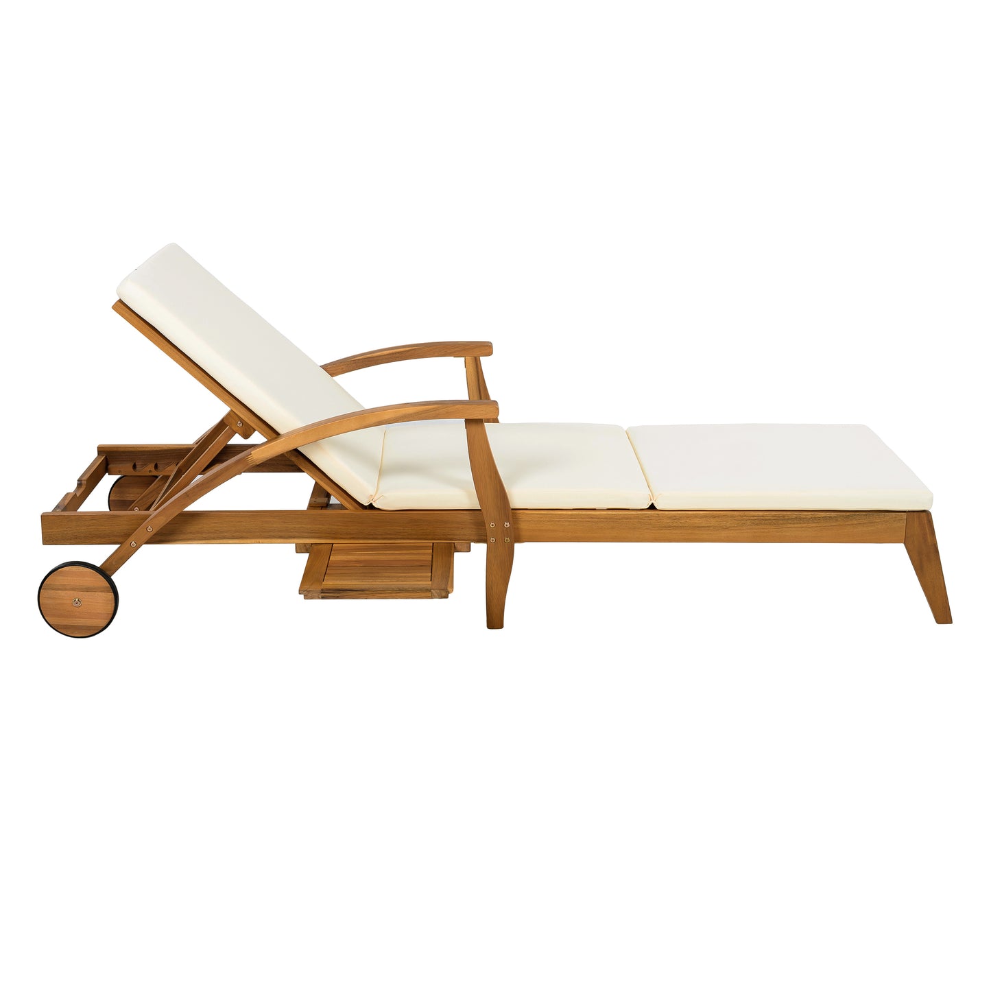 CHAISE LOUNGE WITH WHEEL - ACACIA WOOD RECLINER FOR PATIO/GARDEN, WITH 2INCH WHITE CUSHION, 4-POSITION ADJUSTABLE BACKREST, VERSATILE OUTDOOR FURNITURE