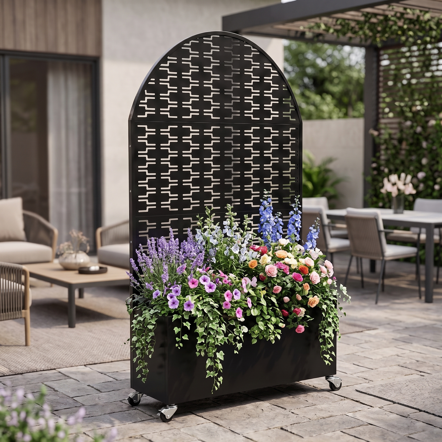 Arched Decorative Privacy Screen with Planter Box, 70.87" Tall Metal Freestanding Fence Planter, 35.04"×15.75"×16.92" Planter Box for Patio Balcony Backyard