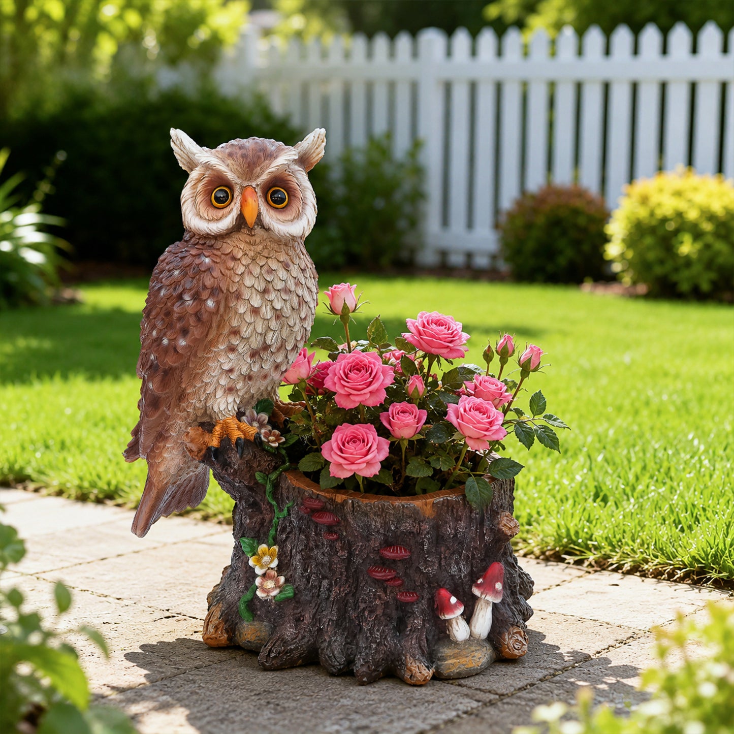 Sitting Owl with Tree Trunk Garden Planter - Rustic Polyresin Owl Figurine and Flower Pot Combo for Outdoor & Indoor Decor