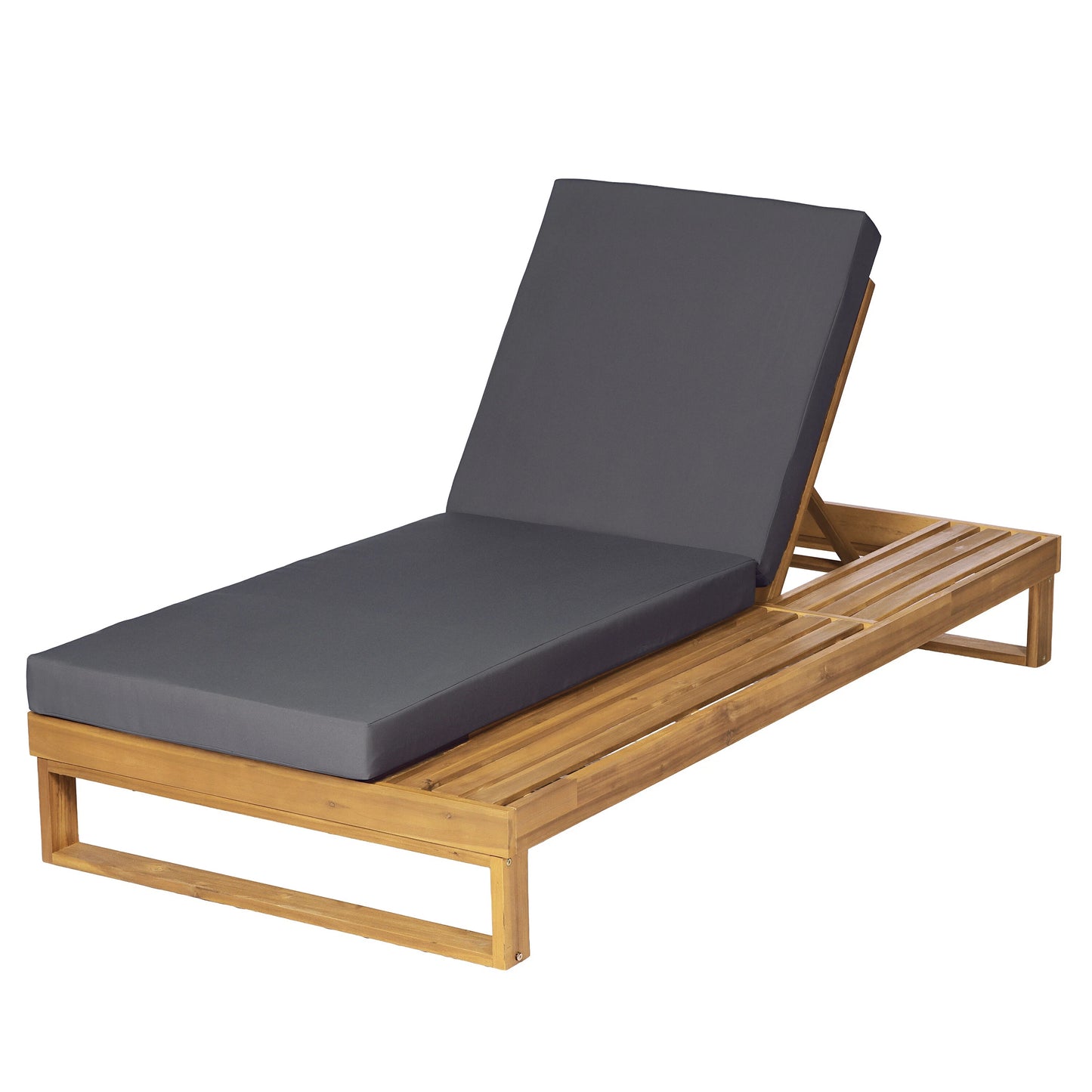 Teak Finish Acacia Wood Chaise Lounge with 4-Inch Dark Grey 2-Fold Cushion Set, 4-Position Adjustable Outdoor Patio Lounger with Flat Side Surface, for Poolside - Matching cream version available