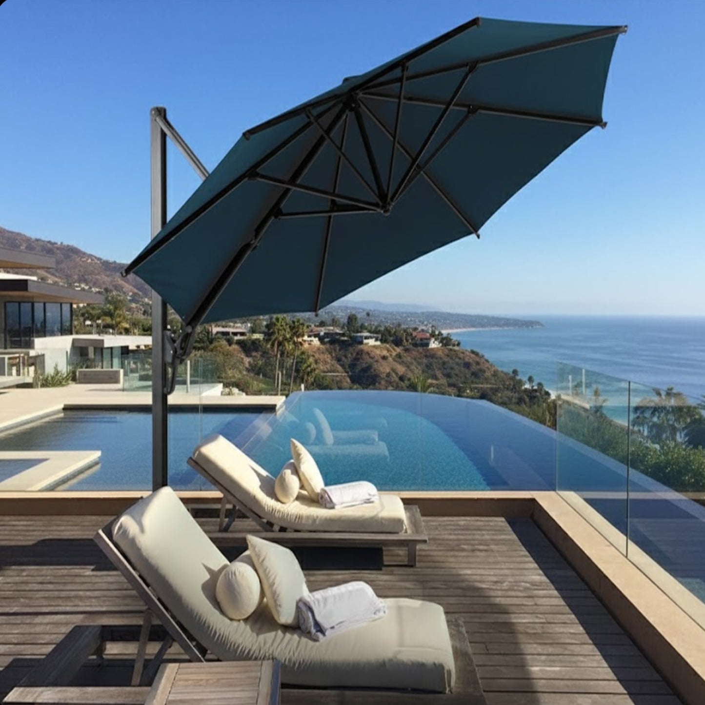 10 Ft Blue Square Large Cantilever Patio Umbrella with 360° Rotation & Tit Adjustment and Heavy Duty Offset Polyester Canopy Deck Umbrella without base.