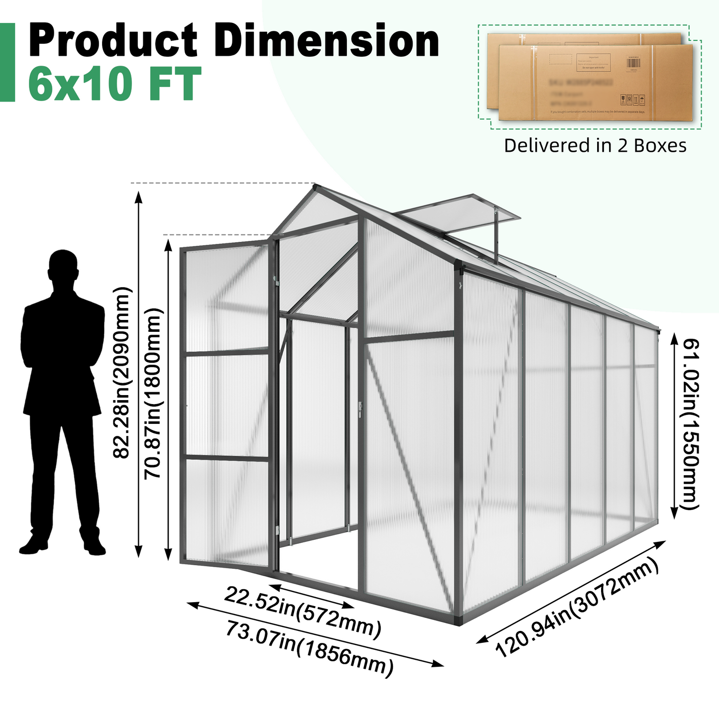 6x10FT Walk-in Outdoor Greenhouse - Polycarbonate Garden Greenhouse with Sturdy Aluminum Frame, Adjustable Vents, Lockable Door & UV Protection for Backyard