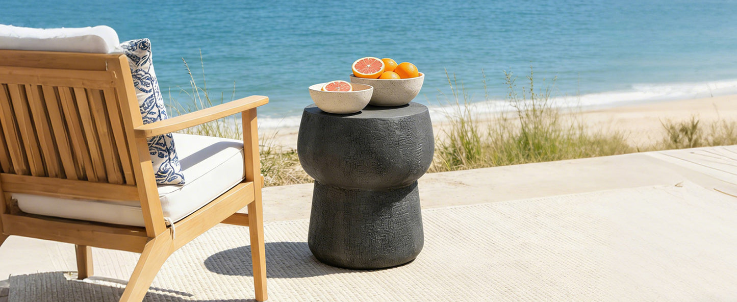 U_Style Outdoor Patio Accent Table with Crack process , Morden Concrete coffee Table with Double Barrel Shape Outdoor Side Table, Garden Stoolsl  for Patio,Garden, Backyard.