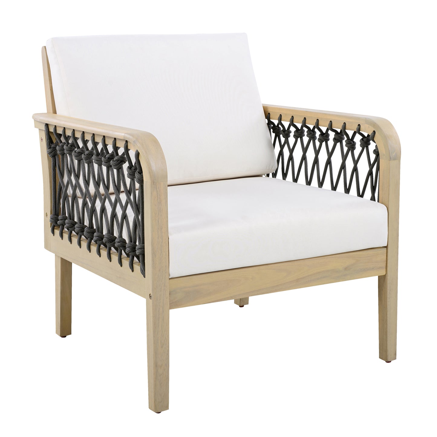 Outdoor Acacia Wood Club Chair with Handwoven Rope, Light Teak Finish