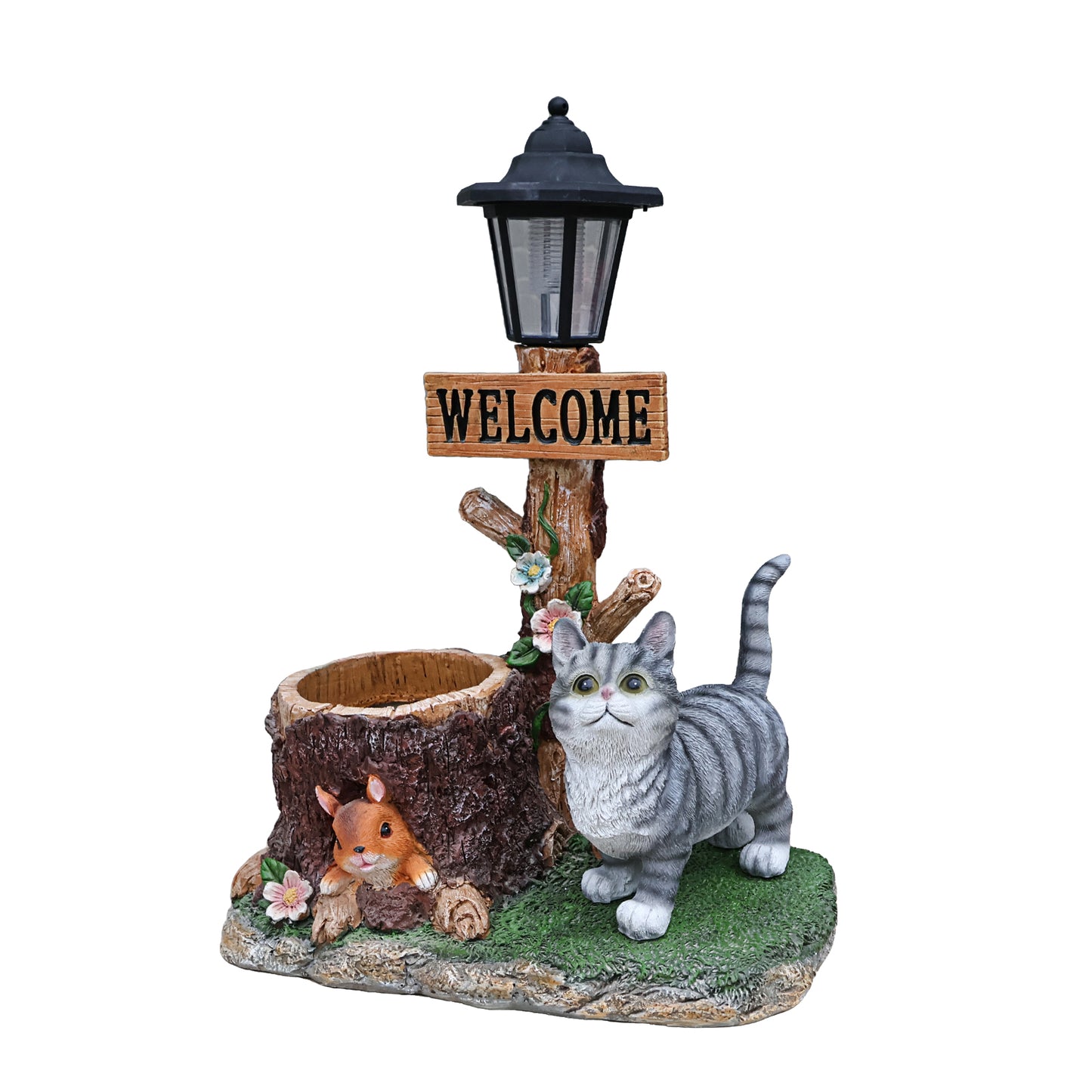 Cat Solar Planter Statue for Outdoor Decor