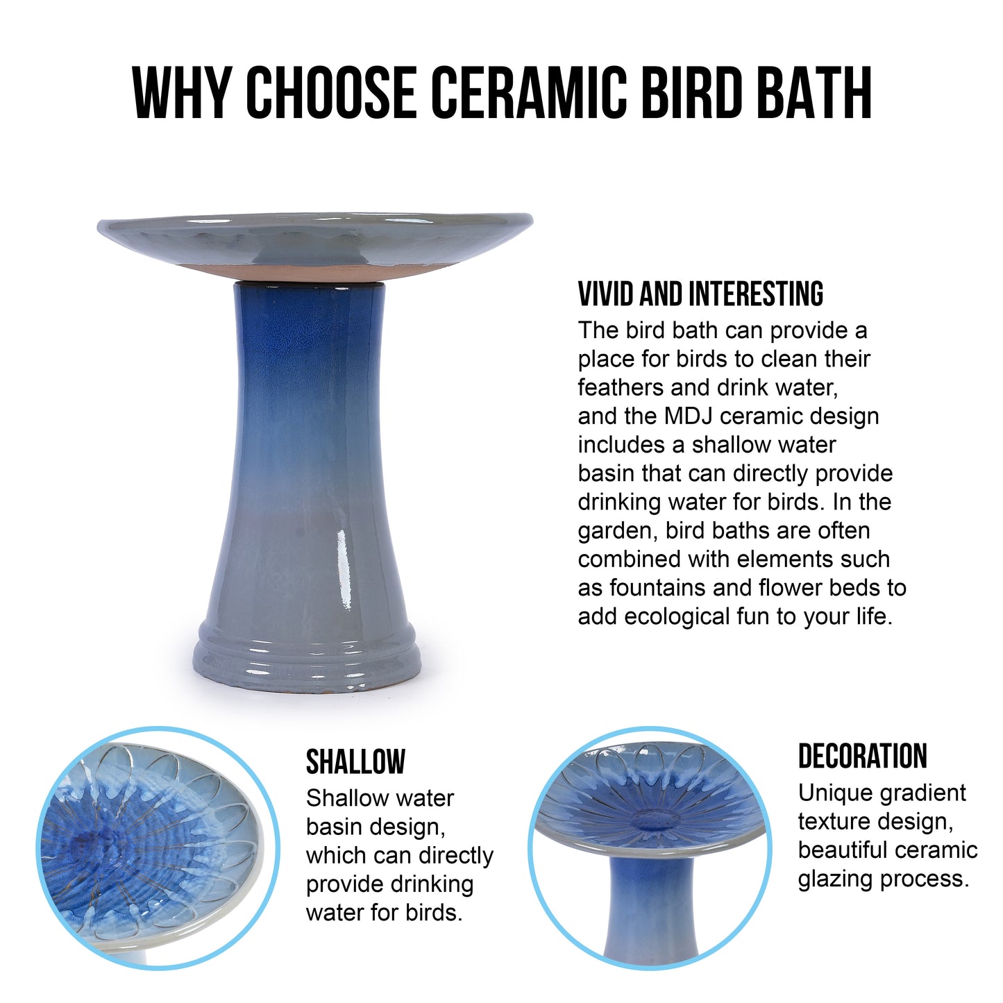 17'' Ceramic Bird Bath for Outside, Elegant Tall Outdoor Bird Bath, Lightweight Pedestal Glazed Birdbaths for Outdoors with floral Pattern, Blue Ombre