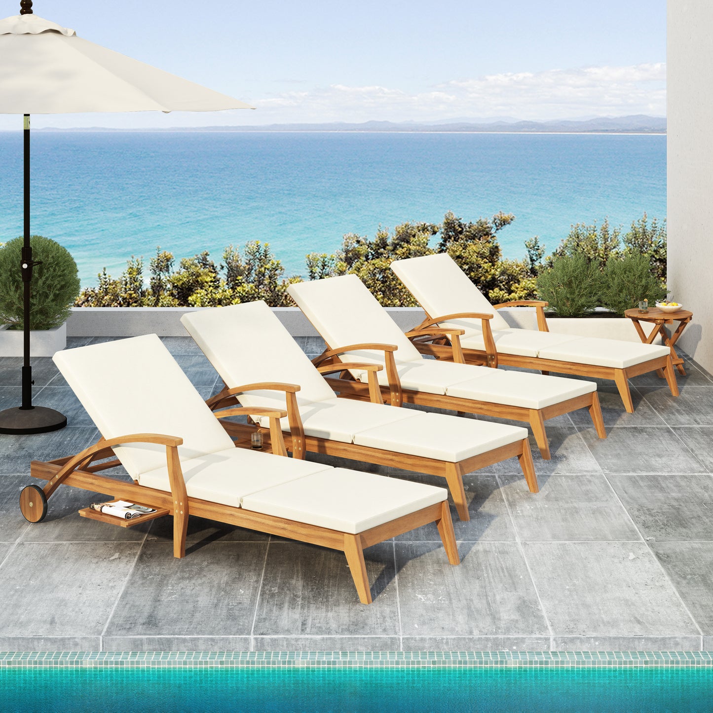 CHAISE LOUNGE WITH WHEEL - ACACIA WOOD RECLINER FOR PATIO/GARDEN, WITH 2INCH WHITE CUSHION, 4-POSITION ADJUSTABLE BACKREST, VERSATILE OUTDOOR FURNITURE